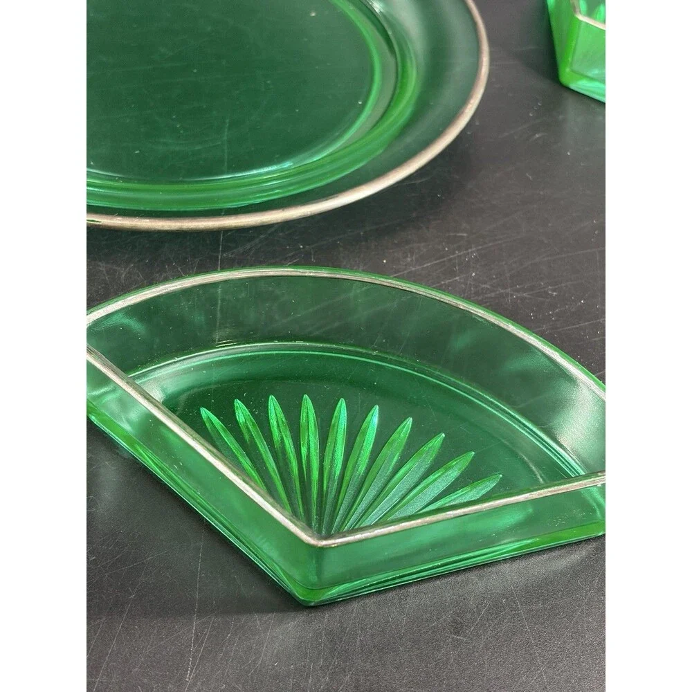 Vintage Green Depression Uranium Glass 4 Piece Large Silver Divided Dish Glow